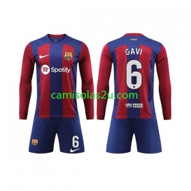 Camisolas de futebol FC Barcelona GAVI 6 Criança Equipamento Principal 2023/24 Manga Comprida